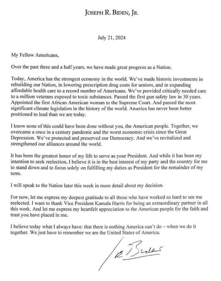 Carta de Joe Biden Desiste da Reeleição