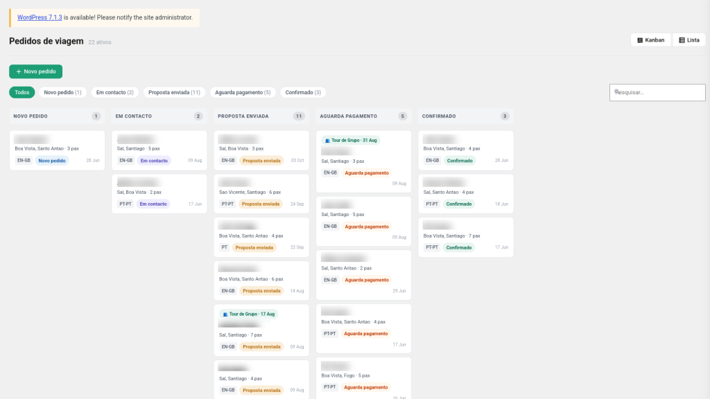 crm para agência de viagens - sistema kanban